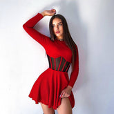 Fall Half High Collar Long Sleeves Mesh Patchwork See through Boning Corset Tight Waist Short Dress